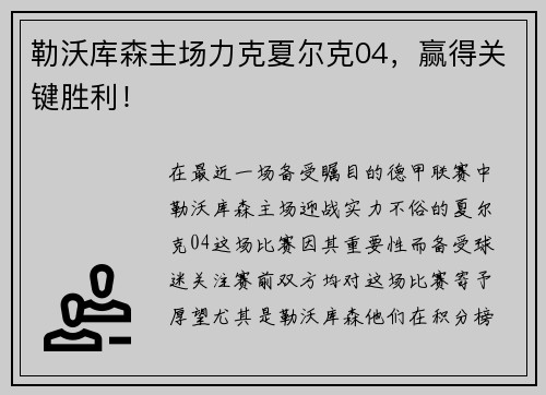 勒沃库森主场力克夏尔克04，赢得关键胜利！